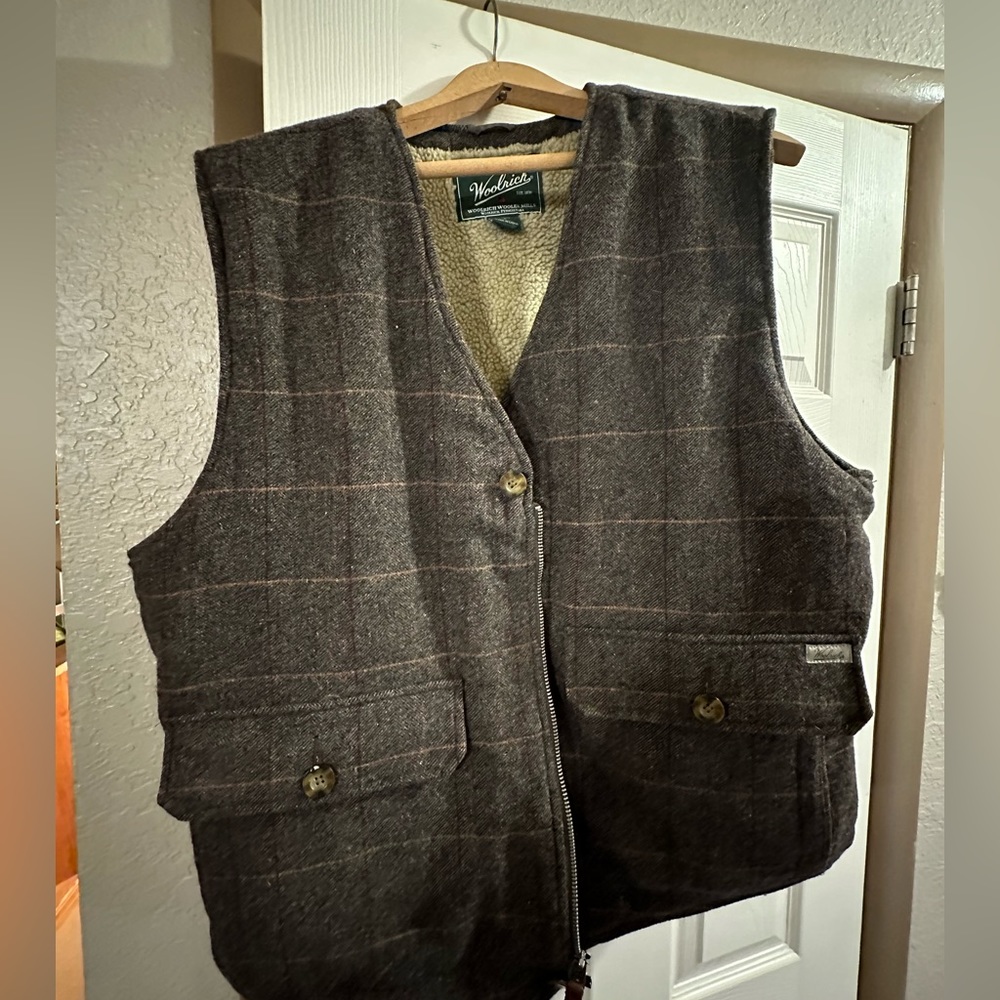 Woolrich Olive Plaid Full Zip Vest Mens XL Sherpa Lined Wool Blend Pockets EUC